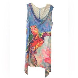Leoma Lovegrove L Blue Large Colorful Sea Turtle Hoodie Beach Swim Cover Dress